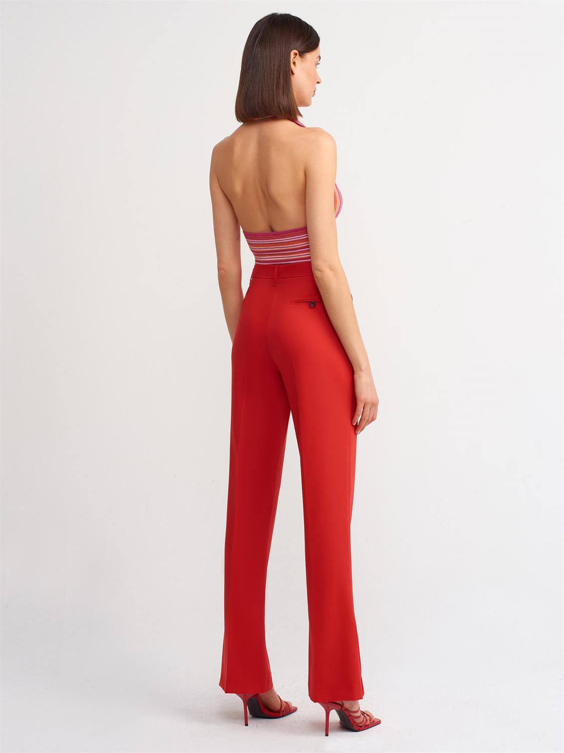 4982 Yüksek Bel Yırtmaçlı Pantolon-Kırmızı