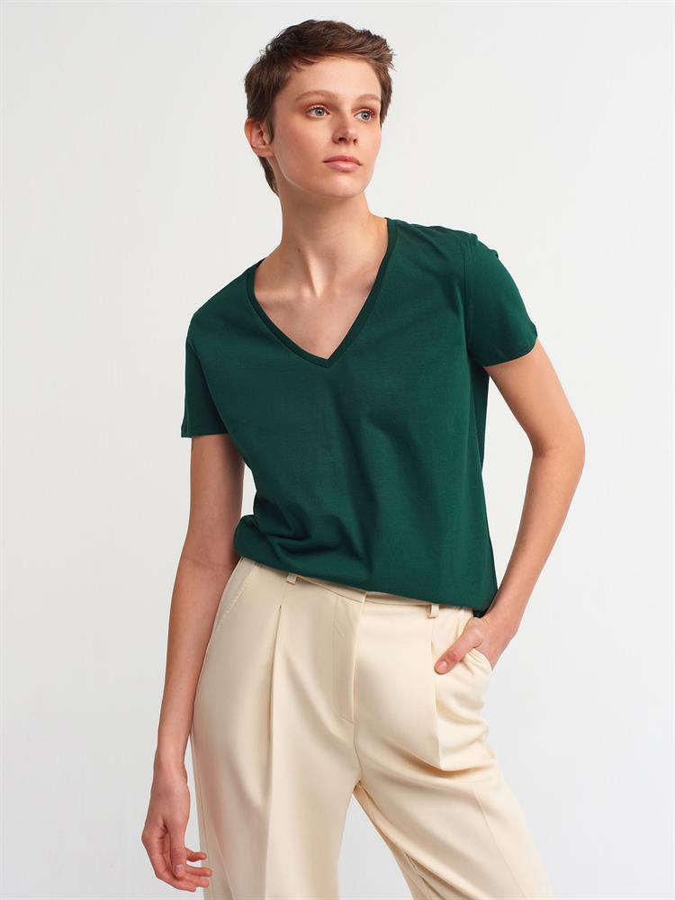 3470 V Yaka Basic T-Shirt-Yeşil