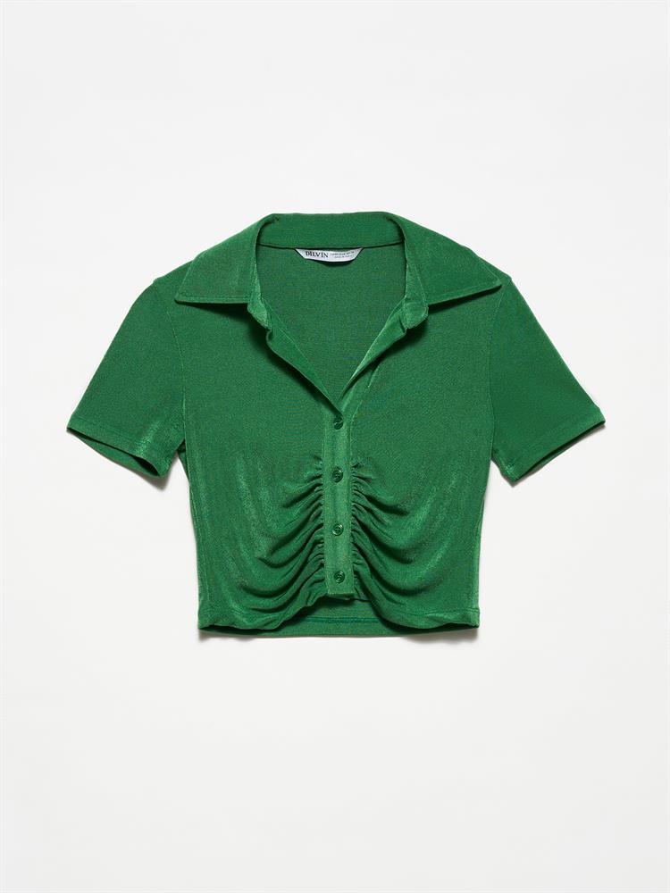 50124 Parlak Kumaş Crop Gömlek-Yeşil