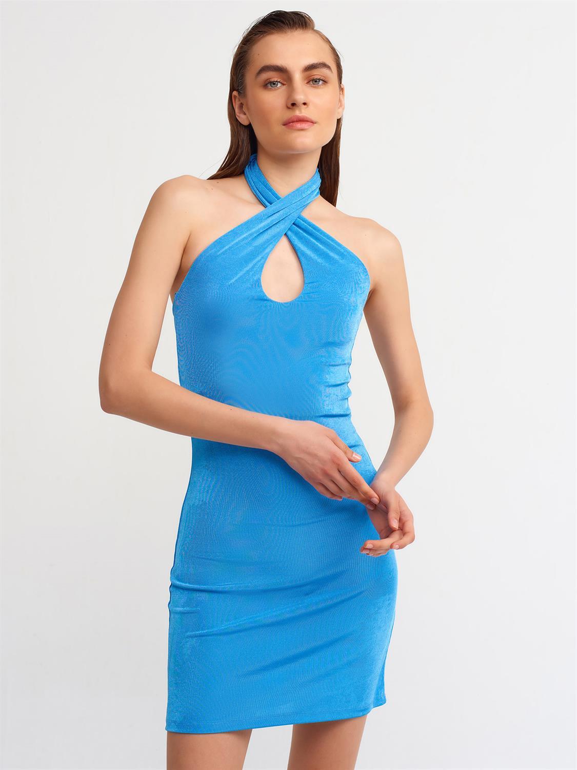 90318 Çapraz Bağlamalı Mini Elbise-Mavi