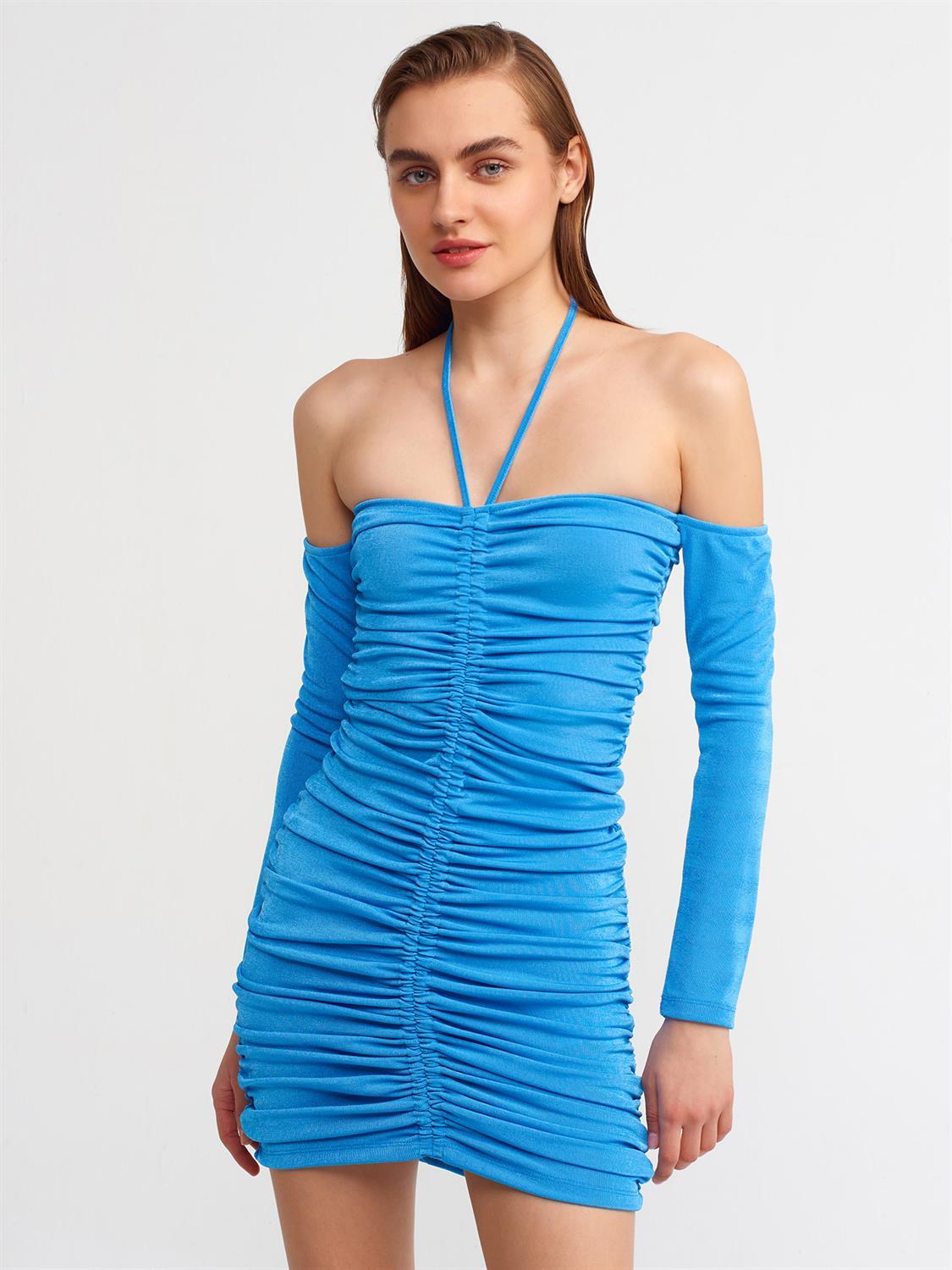 90323 Büzgülü Mini Elbise-Mavi