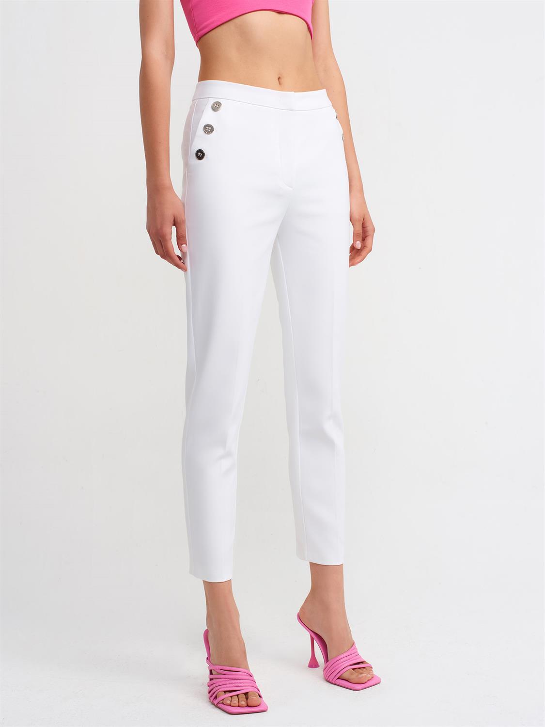 5027 Düğmeli Pamuklu Pantolon-Beyaz