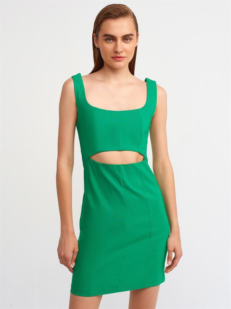 90336 Pencere Detaylı Mini Elbise-Yeşil