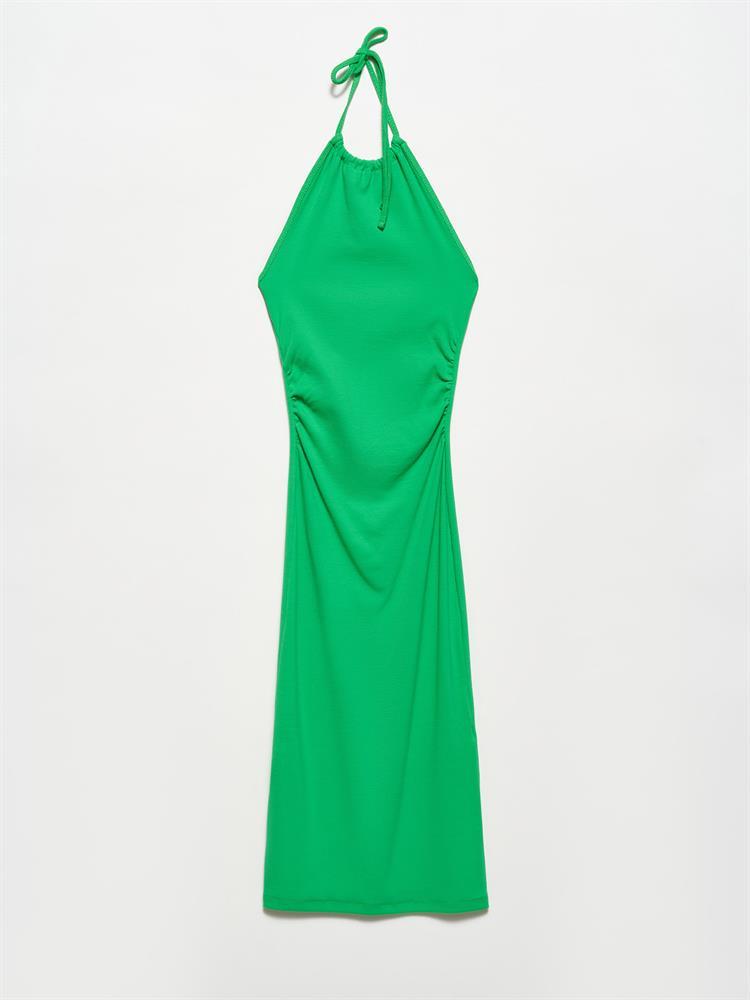 90343 Boyundan Bağlamalı Uzun Elbise-Yeşil