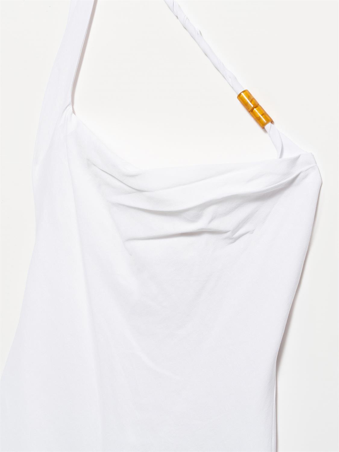 90384 Boncuk Detaylı Minii Elbise-Beyaz