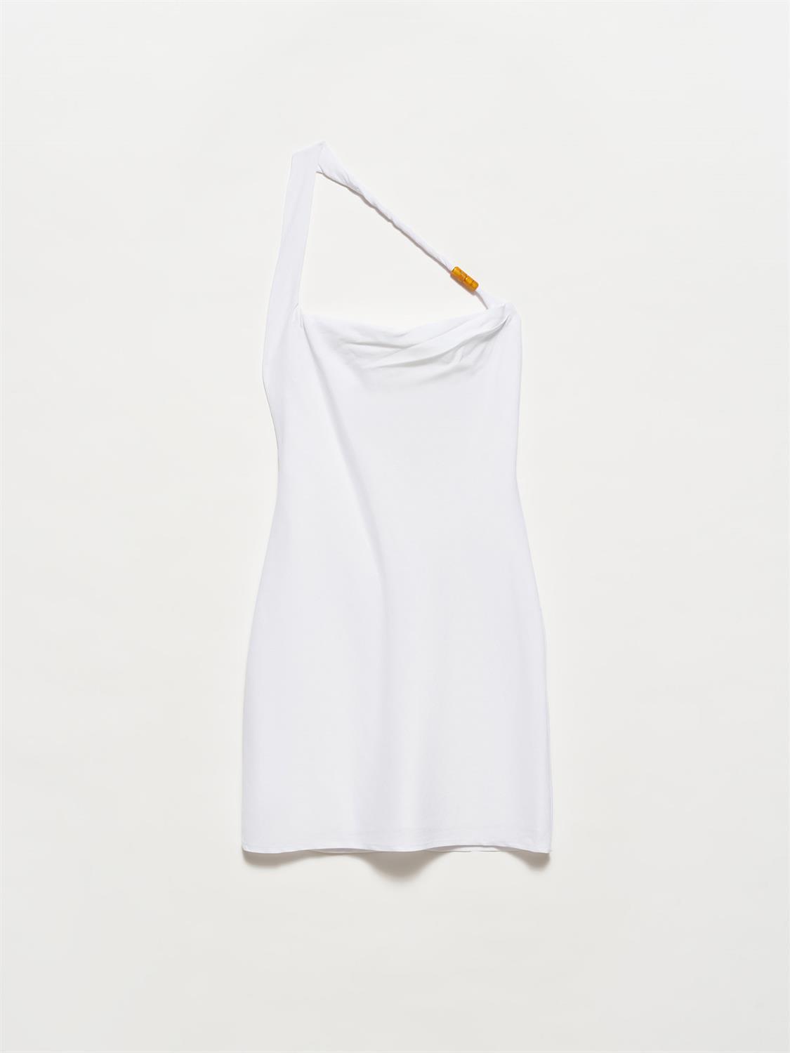 90384 Boncuk Detaylı Minii Elbise-Beyaz
