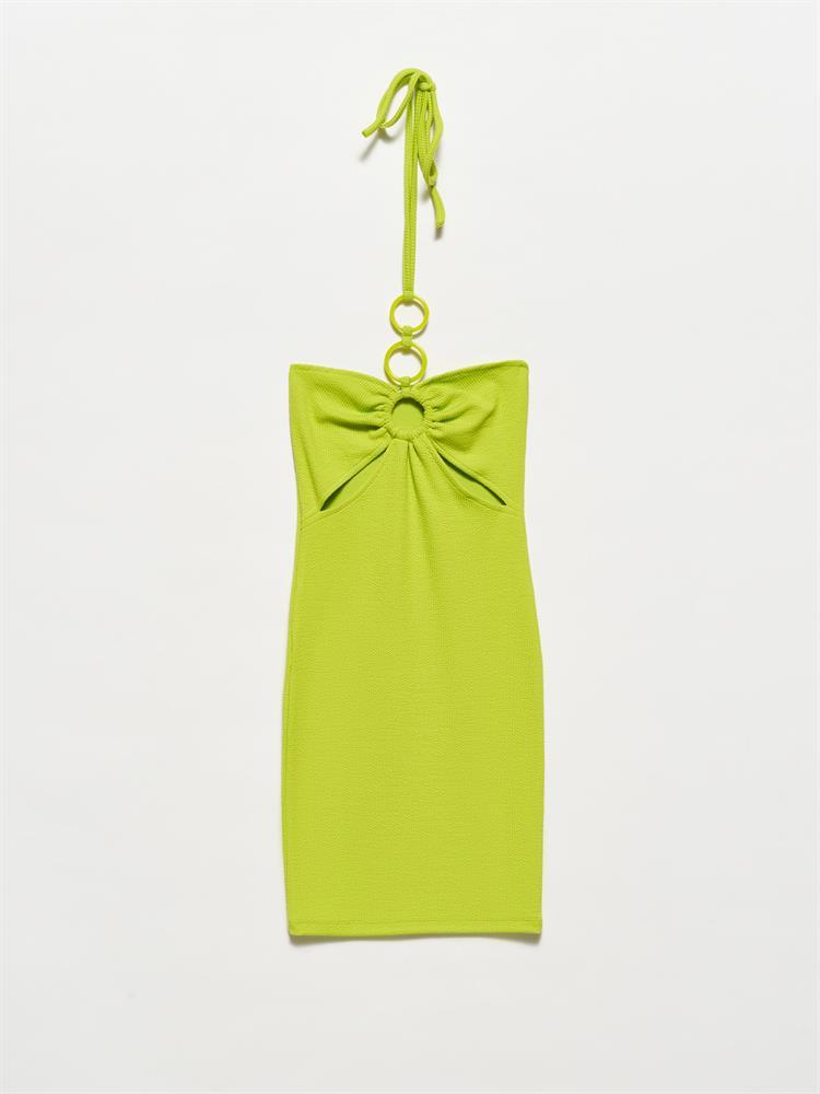 90382 Halka Detaylı Mini Elbise-Koyu Lime