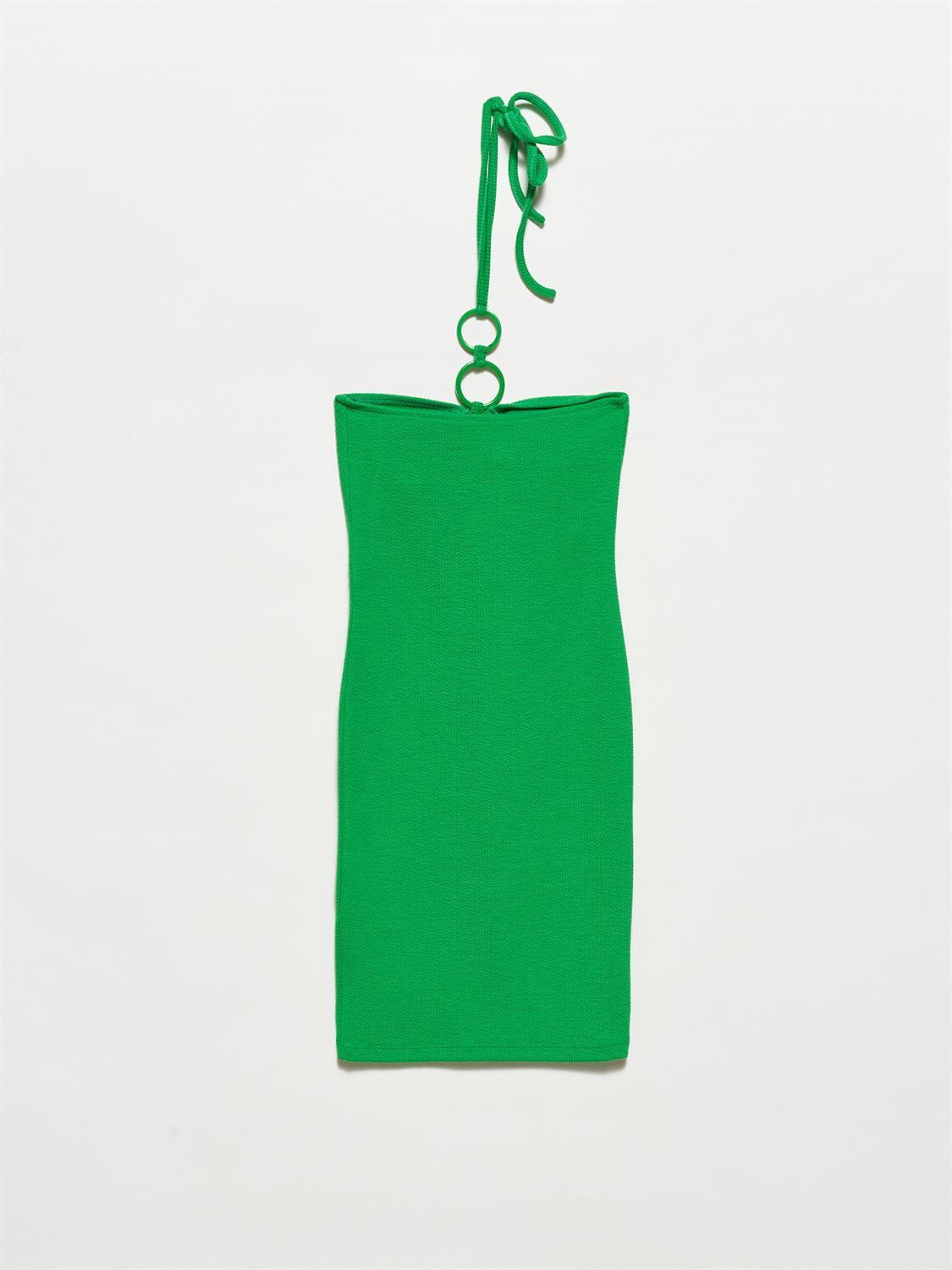 90382 Halka Detaylı Mini Elbise-Koyu Yeşil