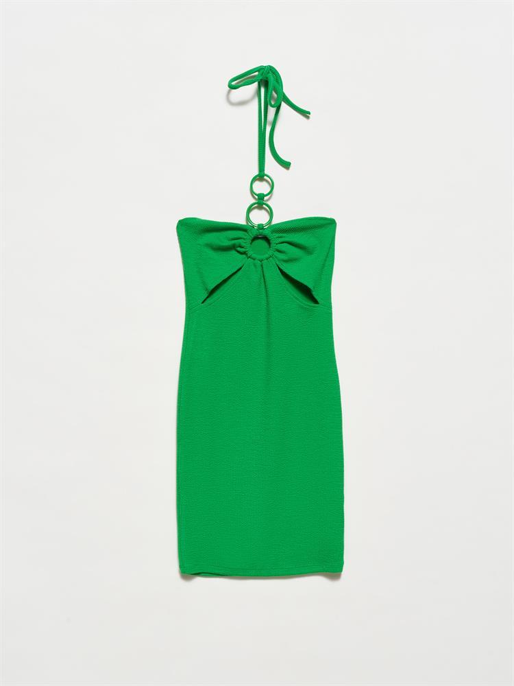 90382 Halka Detaylı Mini Elbise-Koyu Yeşil