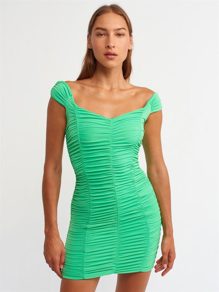 90352 Büzgülü Mini Elbise-Yeşil