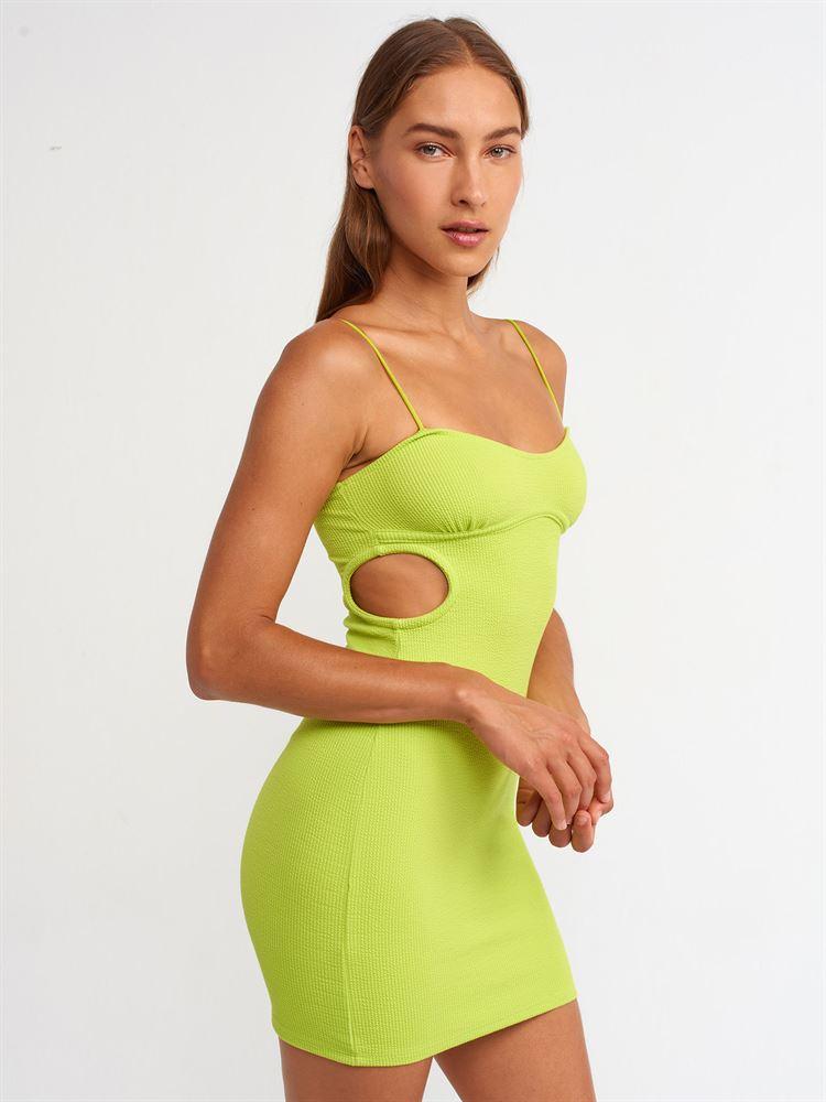 90394 Yanı Pencere Detaylı Mini Elbise-Koyu Lime