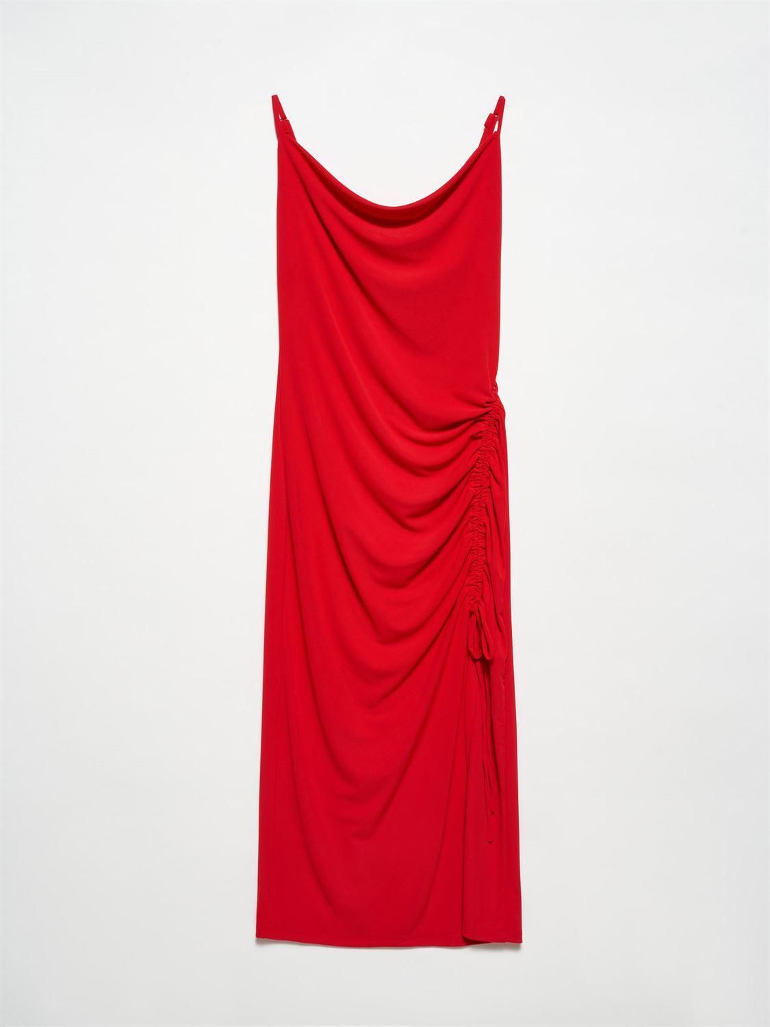 90457 Degaje Yaka Büzgülü Elbise-Kırmızı
