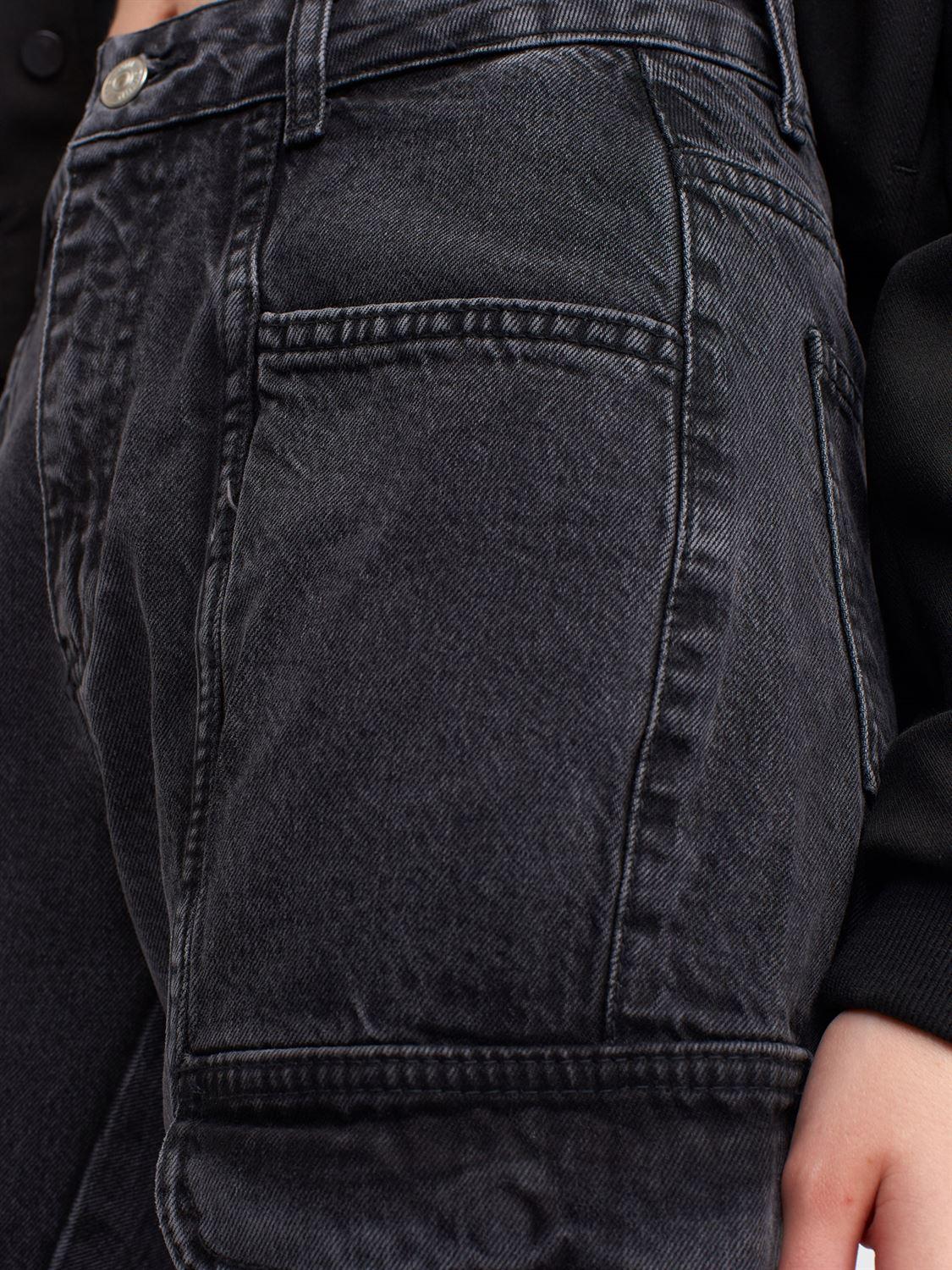 71366 Önü Parçalı Kargo Denim Pantolon-Siyah