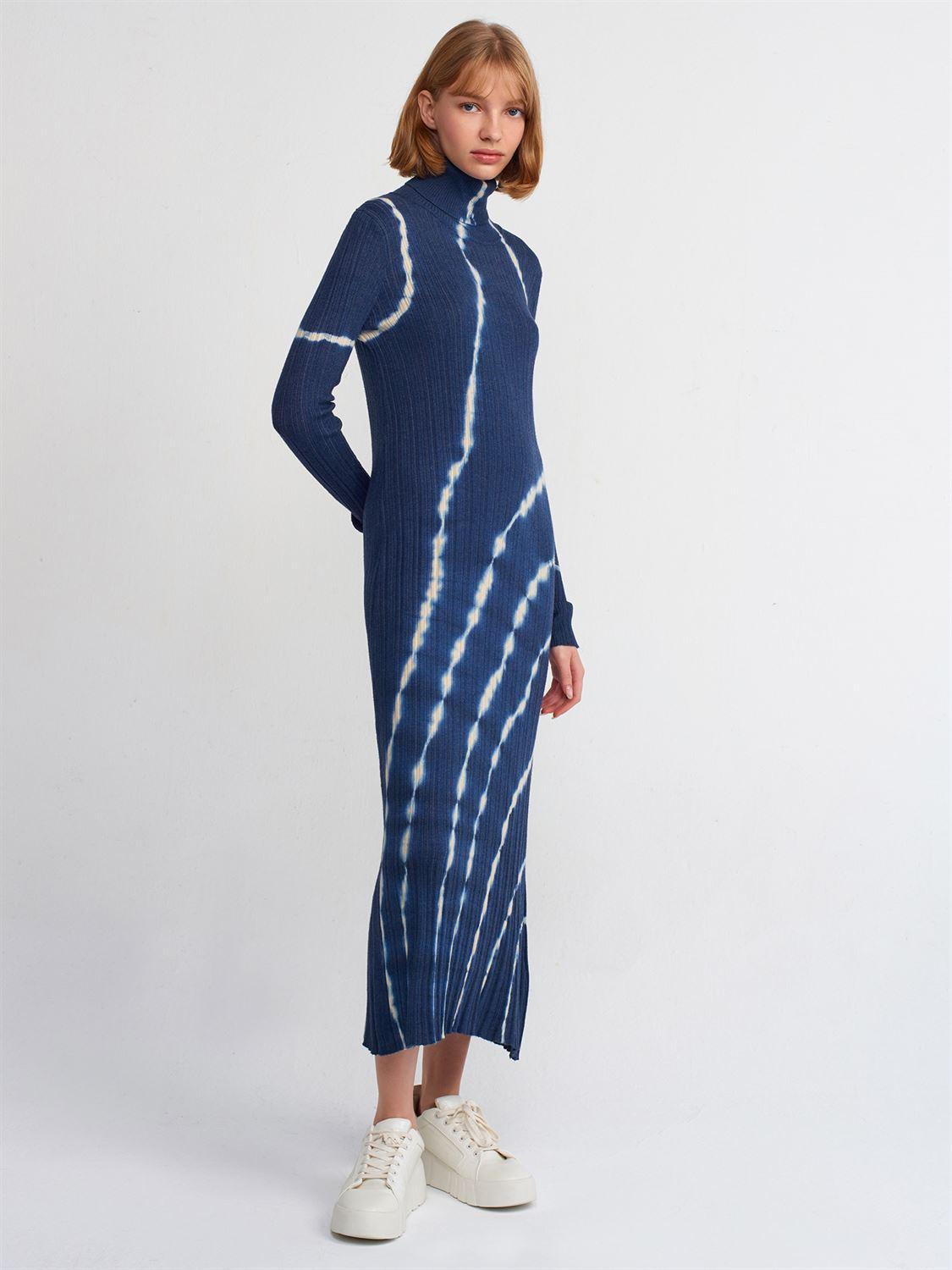 90163 Balıkçı Yaka Batik Triko Elbise-Lacivert