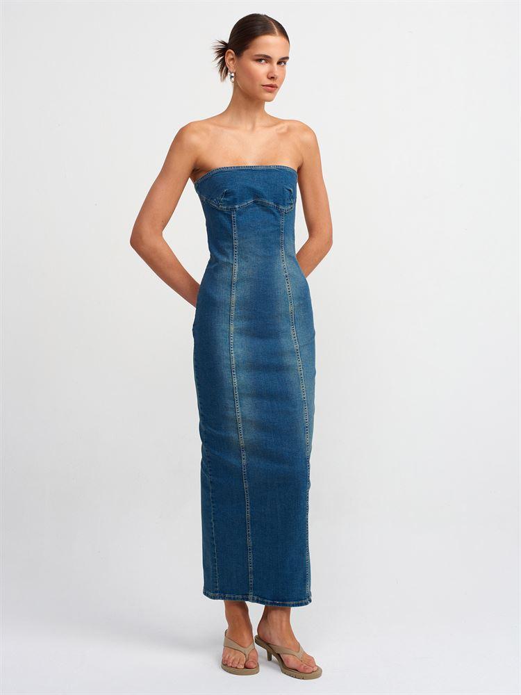 90535 Likralı Uzun Straplez Denim Elbise-Tint