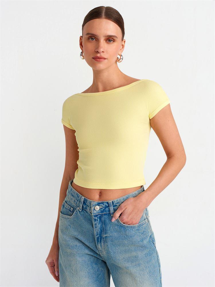 30419 Sırt Detaylı Soluk Efektli T-shirt-Sarı