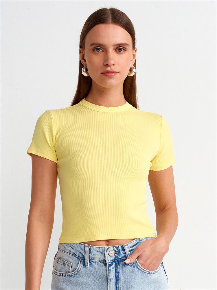 30457 Yıkama Efektli T-shirt-Sarı