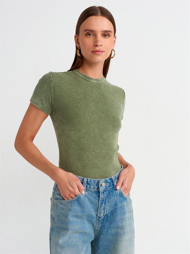 30457 Yıkama Efektli T-shirt-Yeşil
