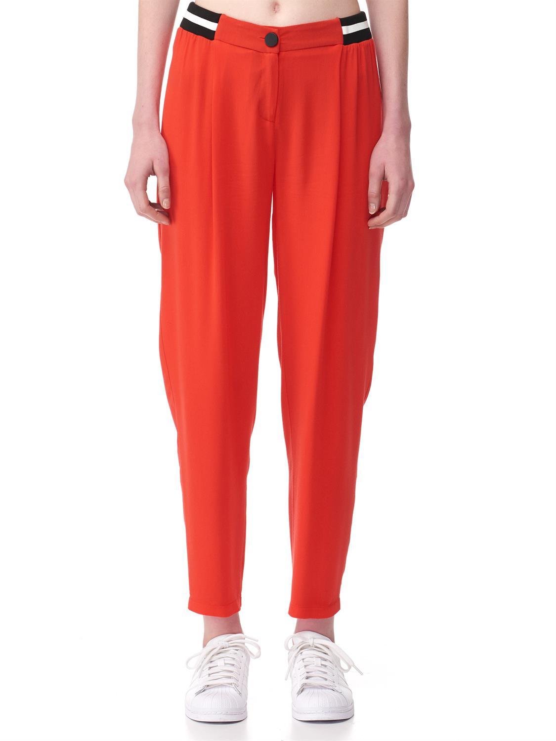 7506 Beli Triko Bantlı Pantolon-Kırmızı